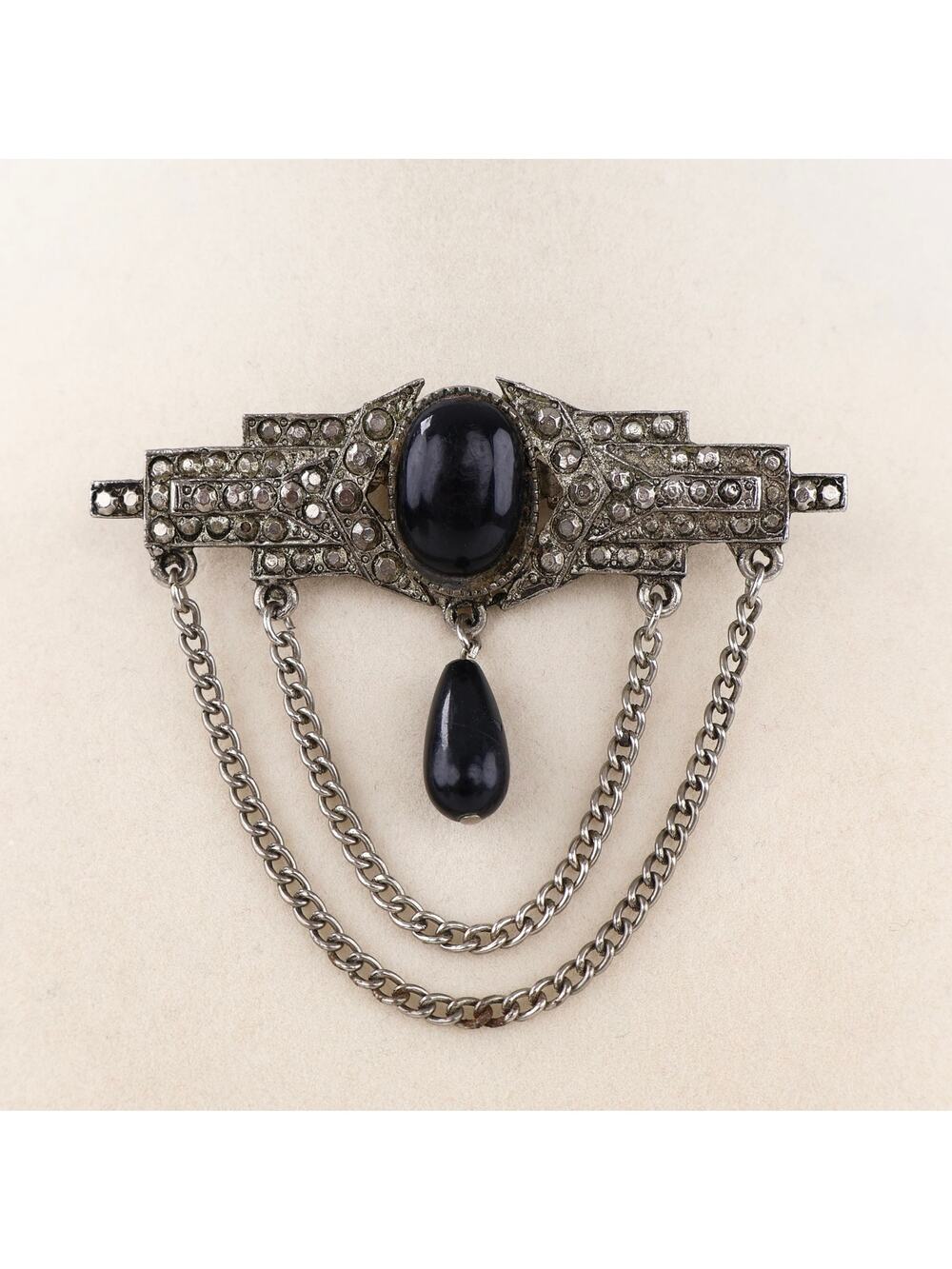 Antique Art Deco Marcasite Brooch Black Onyx Drape Chain C Clasp Pin 1920s